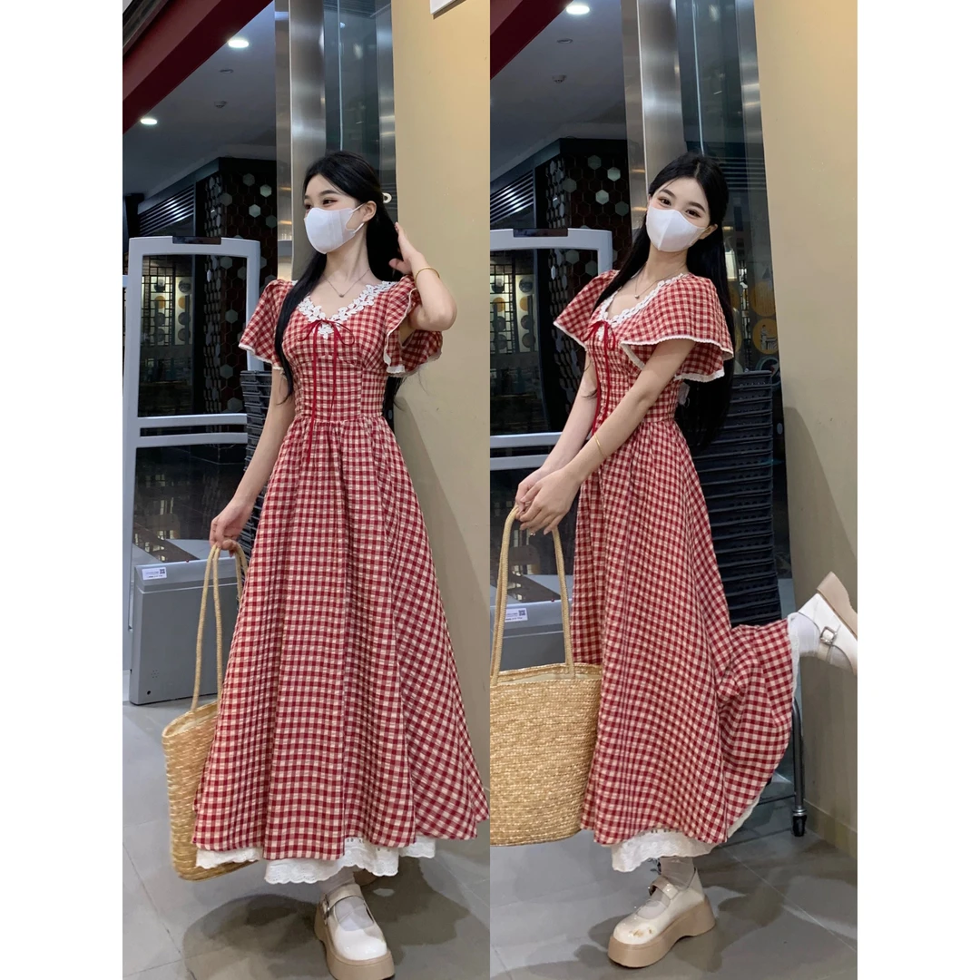 大码法式学院风甜美蕾丝红色格子连衣裙女夏季收腰显瘦气质长裙子