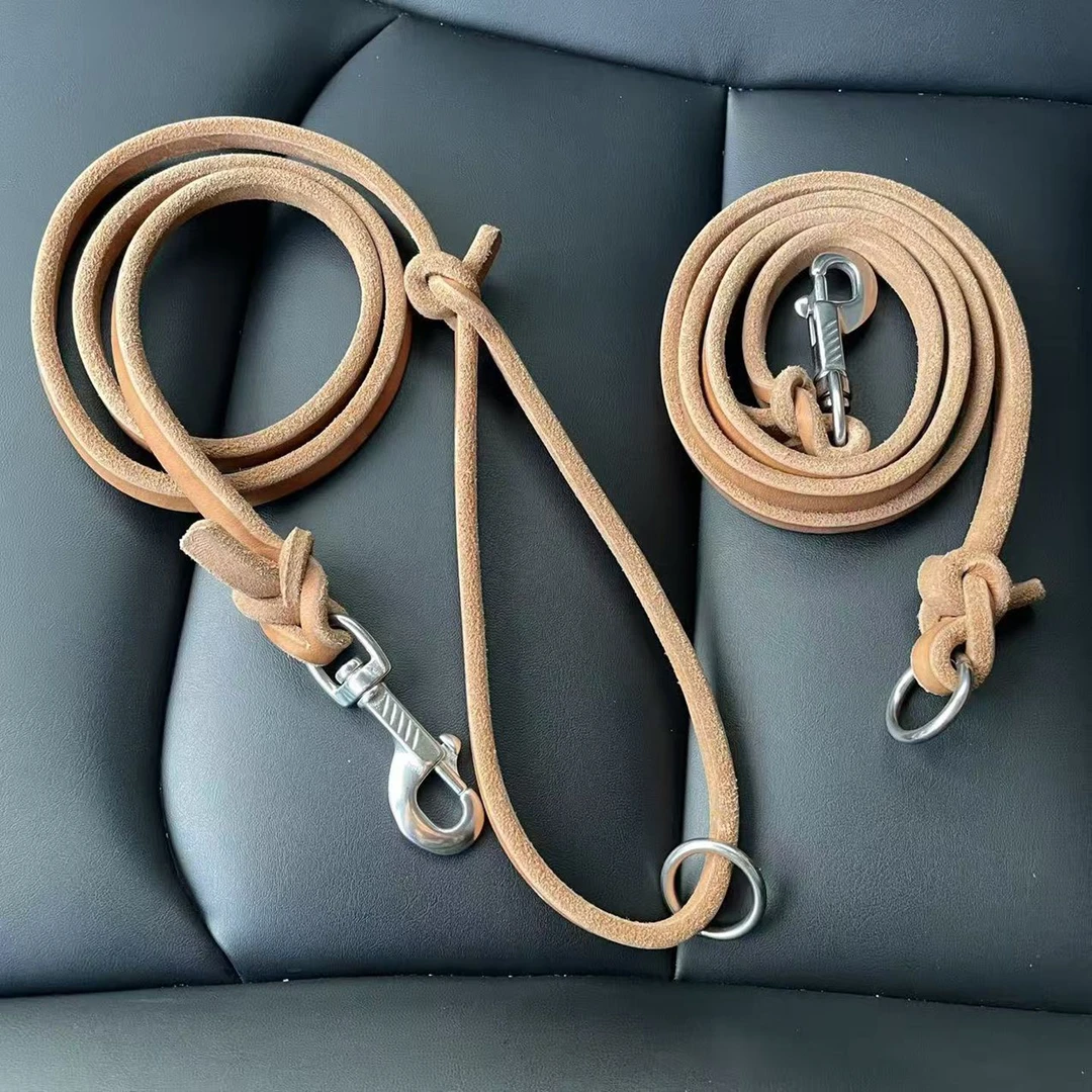 1.2宽原色赛级牛皮牵引绳本色遛狗皮绳德牧比赛牛皮绳狗训练绳子