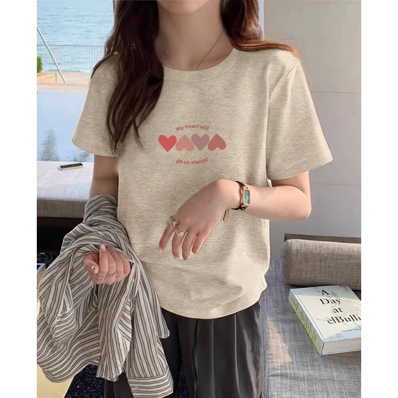 杏灰色短袖t恤女夏季2025新款纯棉半袖打底衫内搭宽松多巴胺上衣