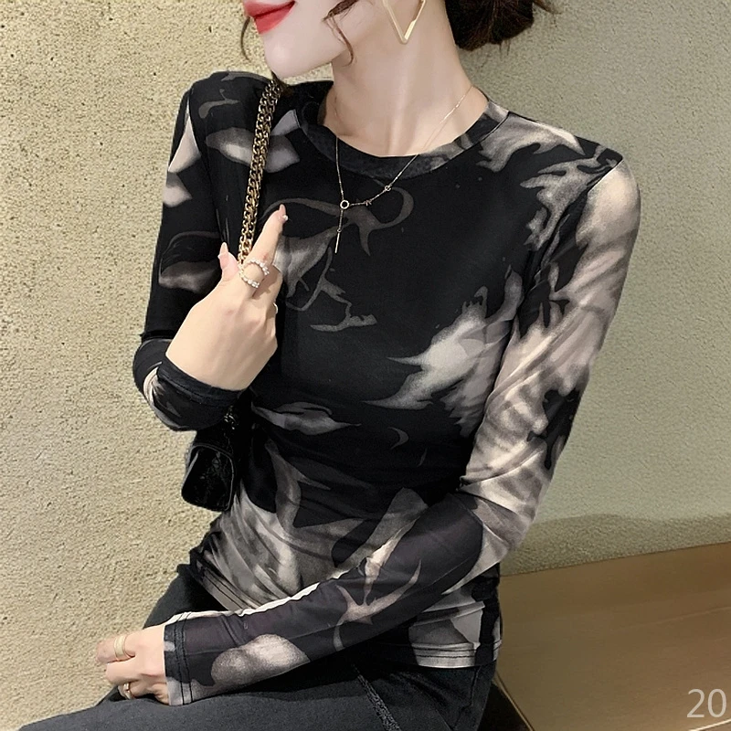 潮肌肤纱长袖小衫轻奢气场强大女装网纱打底衫纱衣t恤高级感遮肚