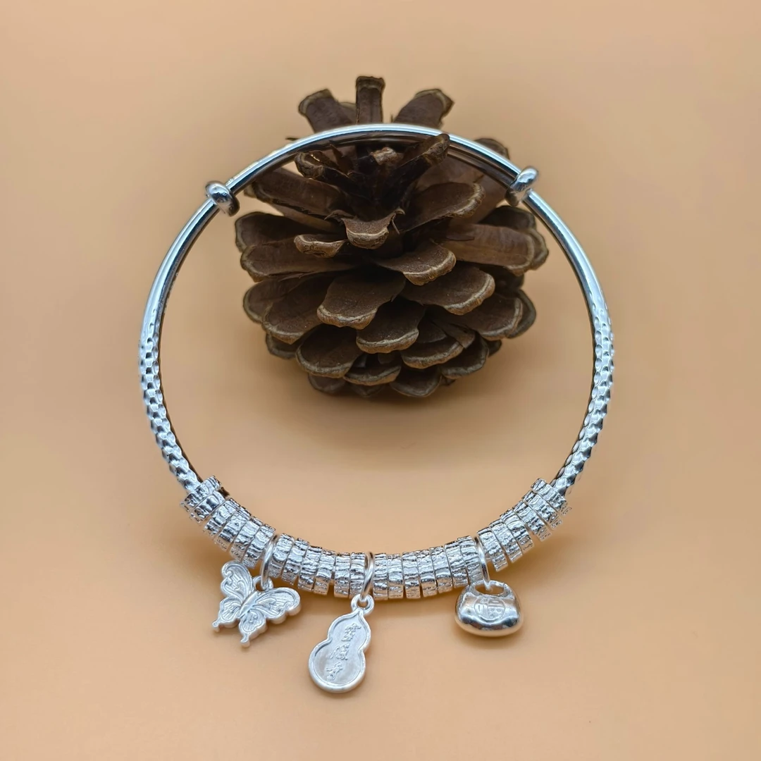 足银手镯 足银9999盘缠手镯首饰银色福袋蝴蝶新中式推拉可调节