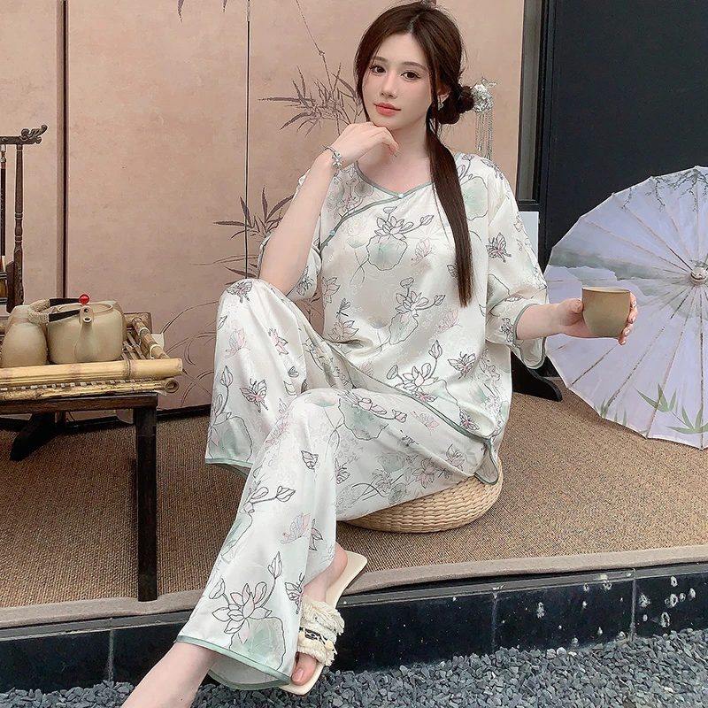 2025年新款中式冰丝睡衣女春秋七分袖长裤国风大码套装夏季家居服