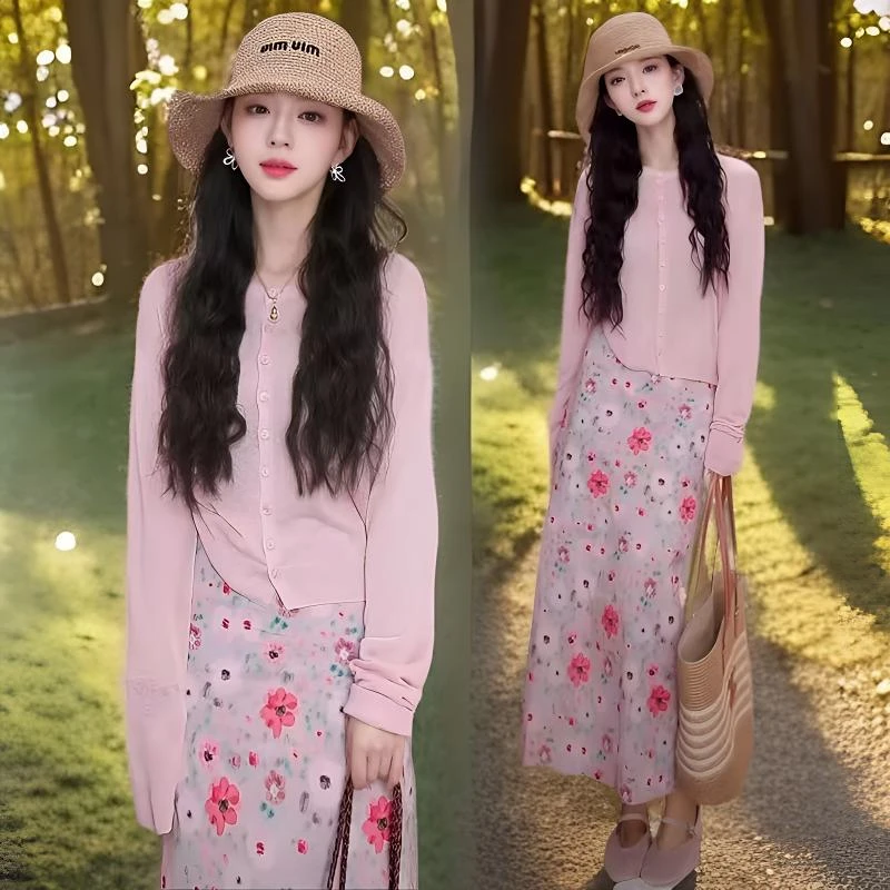 夏季百搭纯色开衫长袖防晒T恤加显瘦时尚印花中长款半身裙气质