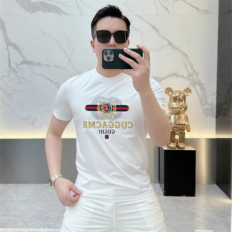 冰希二店.高端欧版男士圆领T恤帅气百搭时尚刺绣短袖2025夏季新款