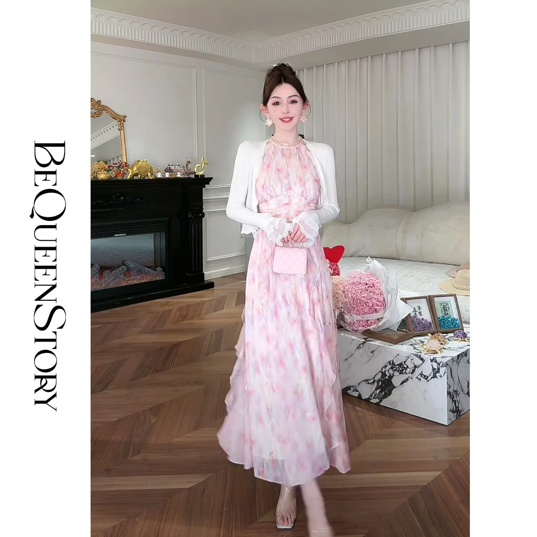 余潇潇【玫瑰告白】高贵精致印花烫金钉钻挂脖露肩连衣裙