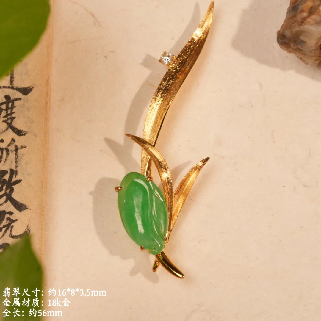026749-3天然缅甸A货满色阳绿翡翠 18k金兰花胸针挂件气质