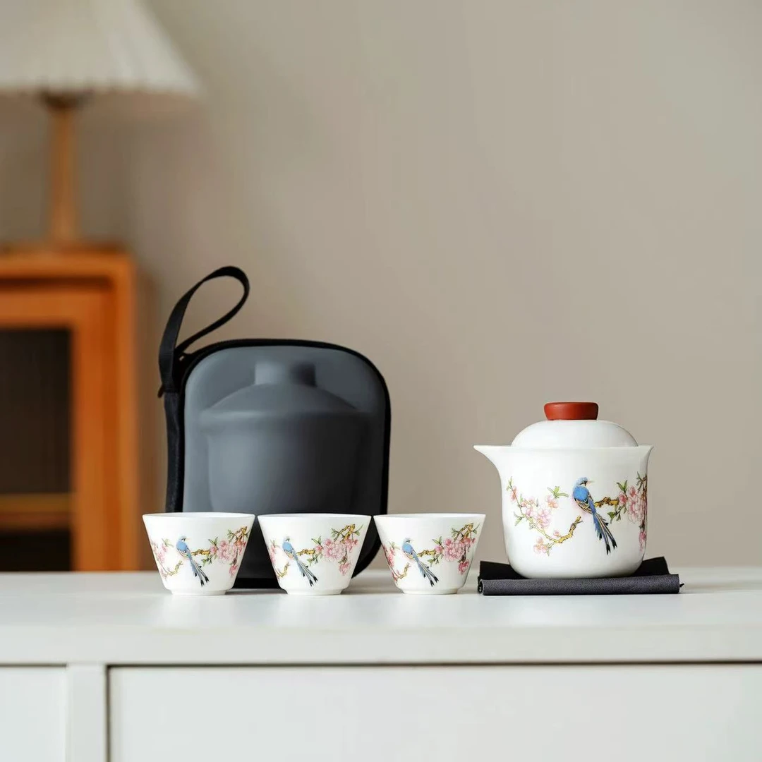 白瓷 【喜上眉梢】 【蓝鸟】 一壶三杯 旅行套+包包便携防烫  C0798