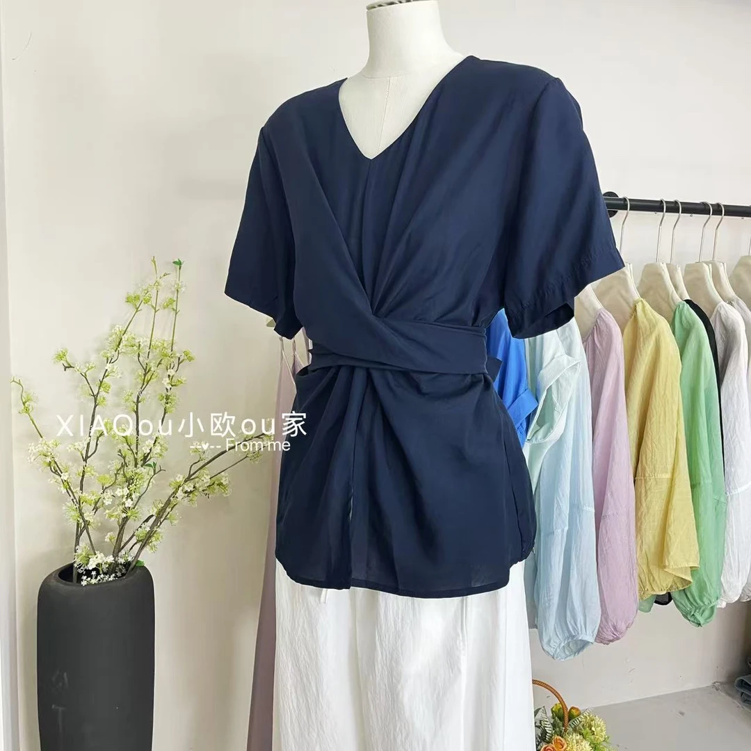 时尚百搭V领显瘦围裹系带高级感短袖上衣