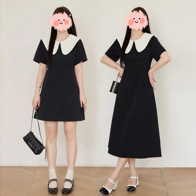 大码女装复古甜美风翻领连衣裙夏季胖妹妹收腰显瘦减龄法式中长裙