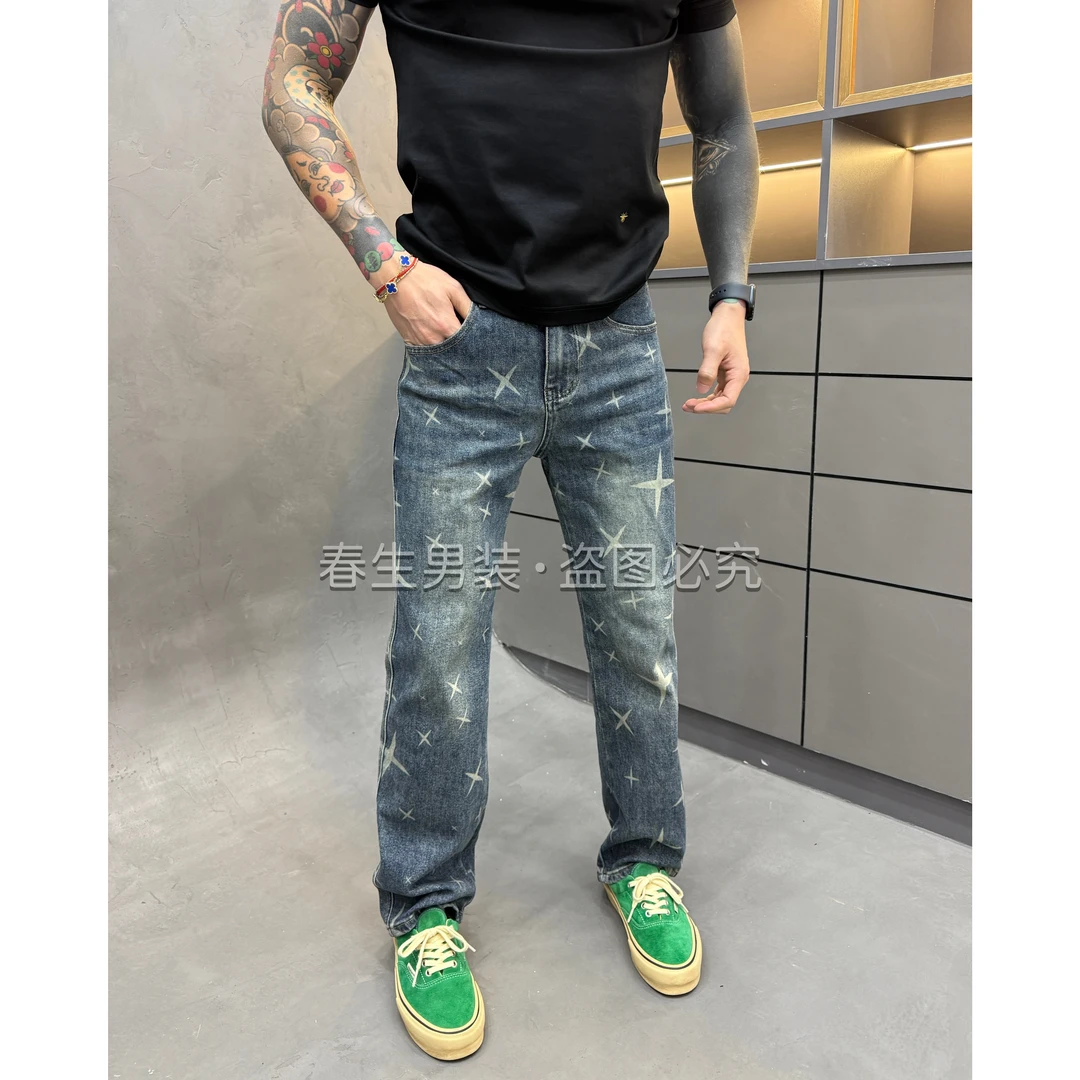 2025秋冬新款时尚休闲百搭直筒印花男士弹力牛仔裤1925