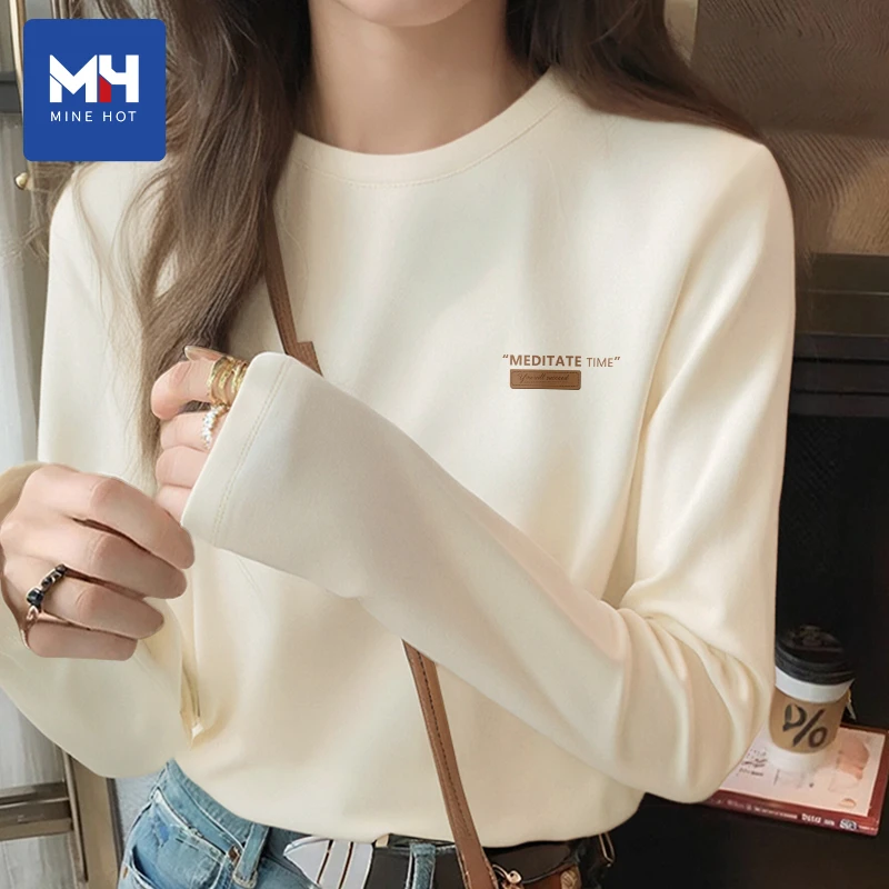 唐狮集团MH奶白色长袖t恤女2025新款爆款夏季纯棉T恤时尚高级上衣