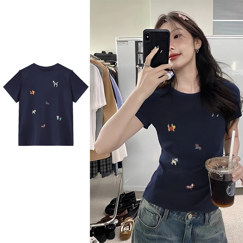 夏季新款复古修身显瘦正肩短袖女t恤卡通小狗印花设计感小众上衣