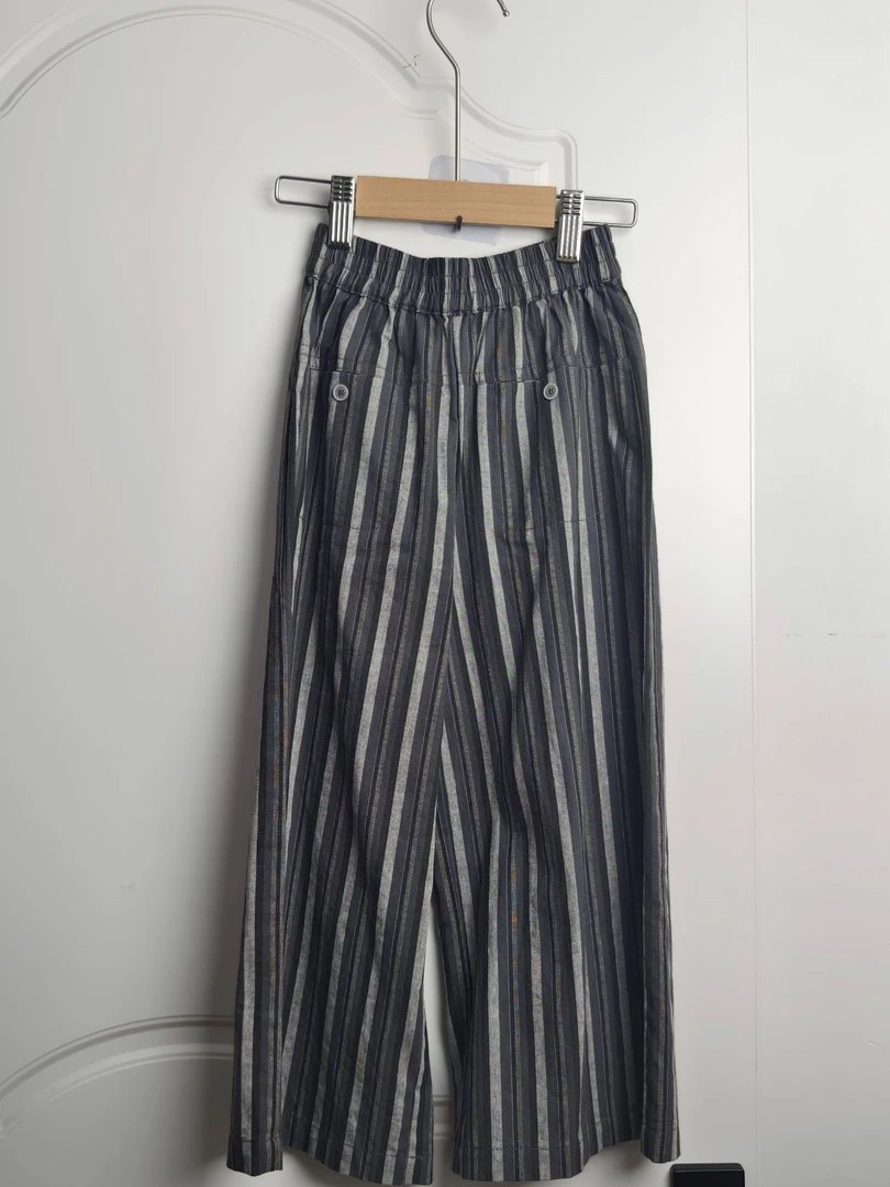 裤子韩版九分竖条纹裤纯棉黑色阔腿裤长裤薄休闲直筒裤宽松女装