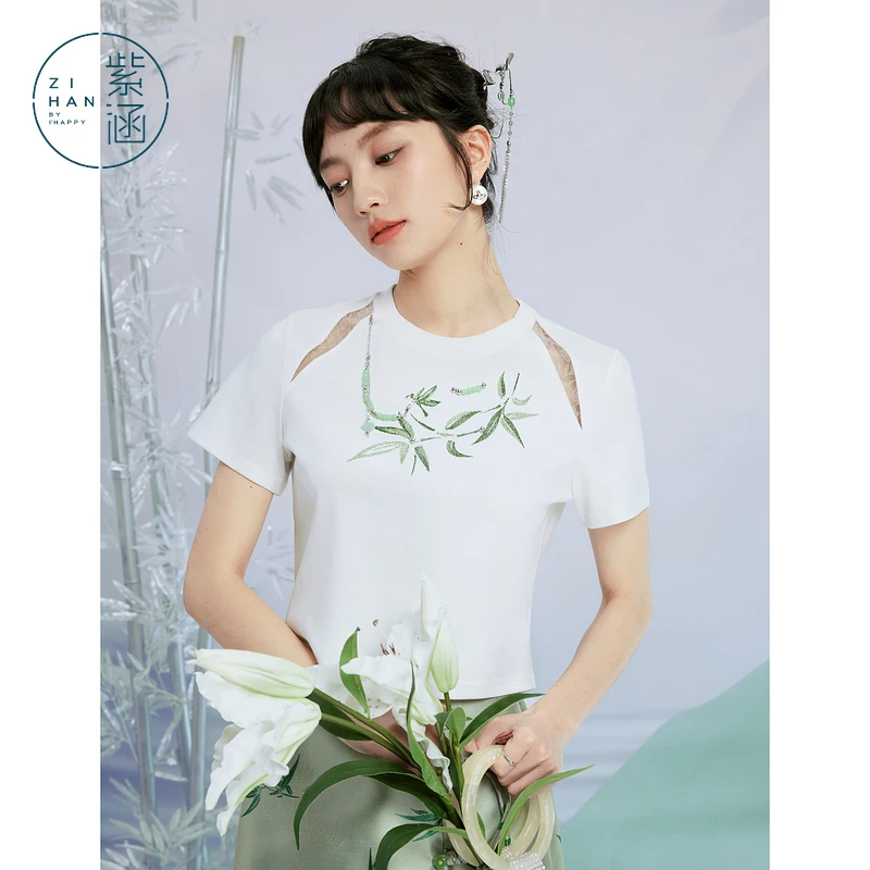 紫涵国风竹叶短袖T恤女2025年春季新款短款镂空修身Z4Z06BH106