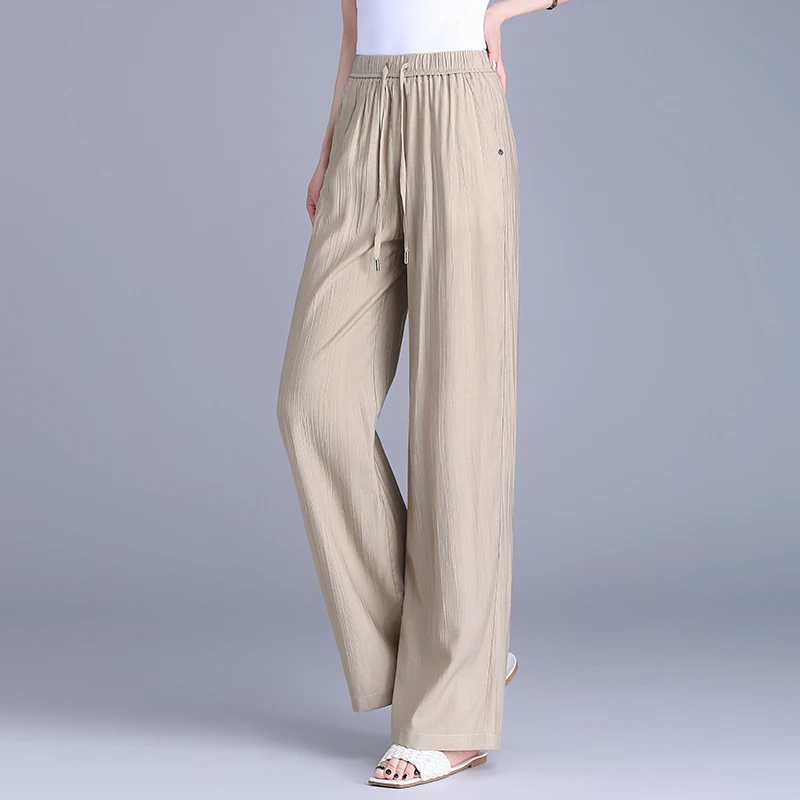 冰丝阔腿裤女夏季2025新款高腰抽绳肌理感慵懒美式休闲拖地裤子