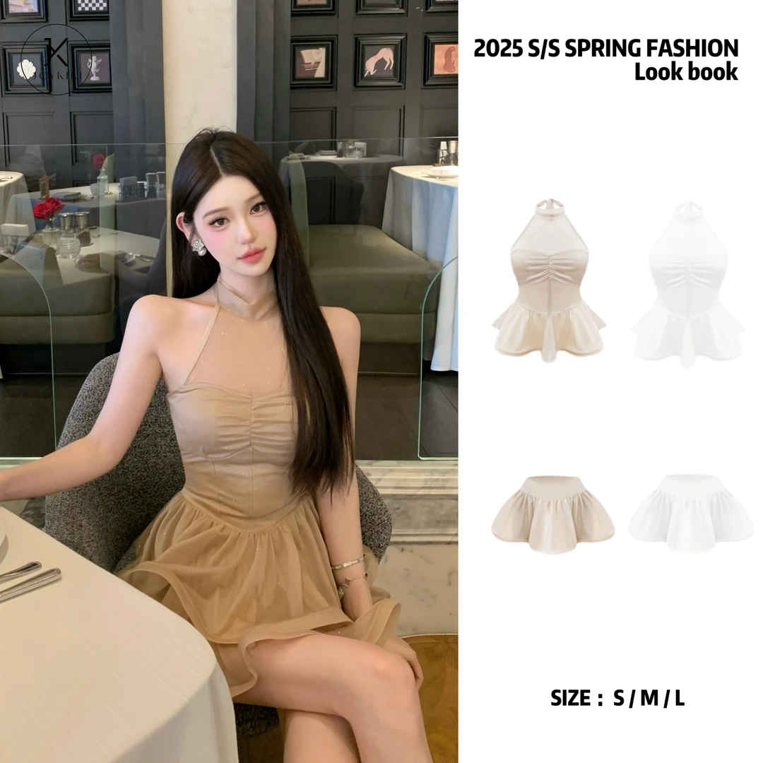 JOY KIKI金金【白月光】春季甜美纯欲风网纱拼接高定套装J25A329