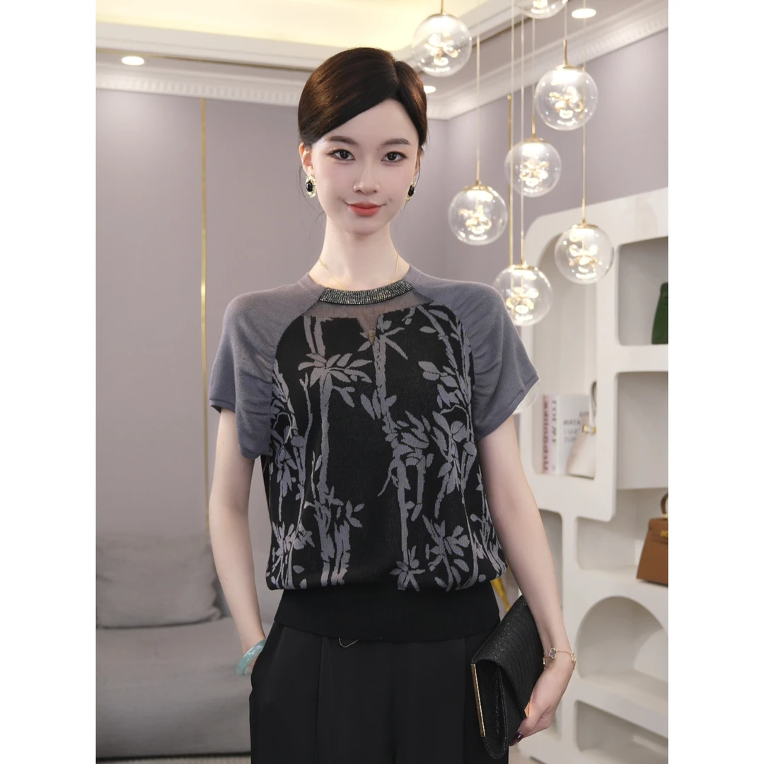 2025夏新【ZM-901JR】轻奢烫钻竹子设计感百搭短袖圆领莱赛尔针织衫