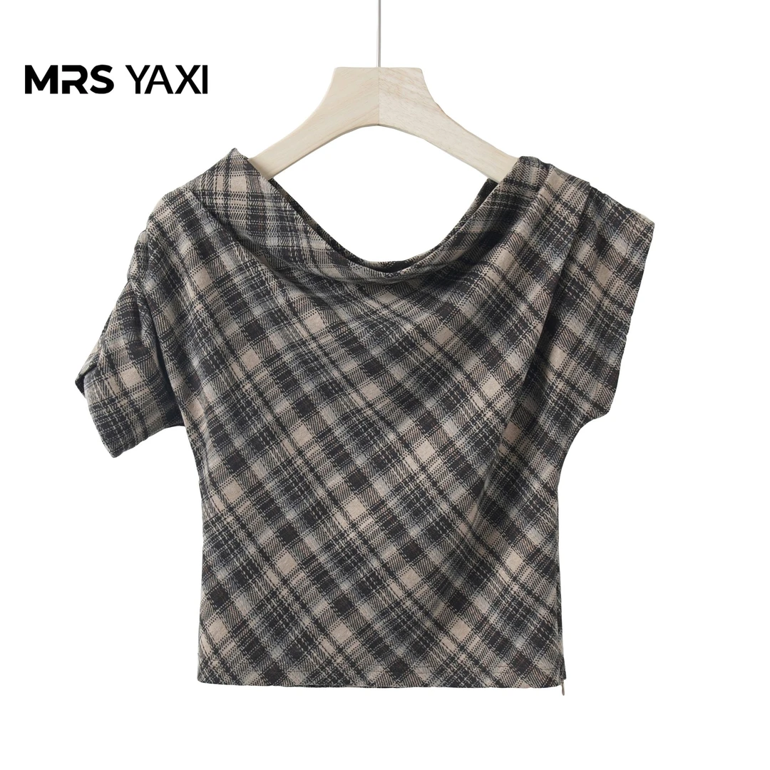 Mrsyaxi老钱风复古格纹斜肩上衣YX5070401