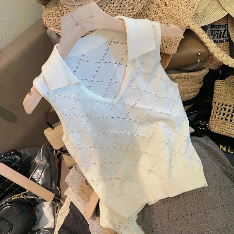 Here【星野】复古翻领无袖针织背心女