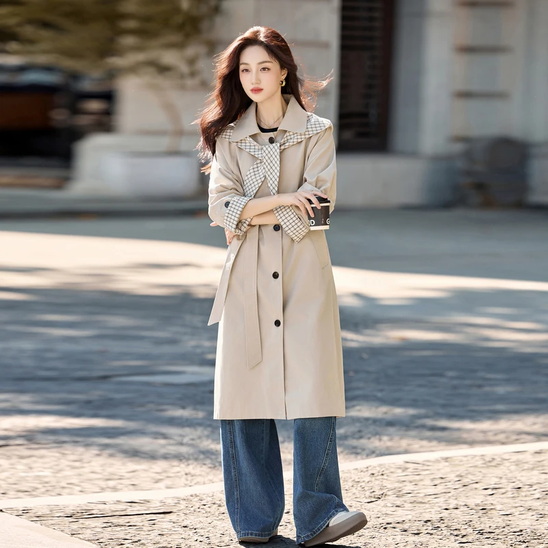 风衣女2025秋季新款韩版休闲气质中长爆款英伦风西装领外套上衣潮