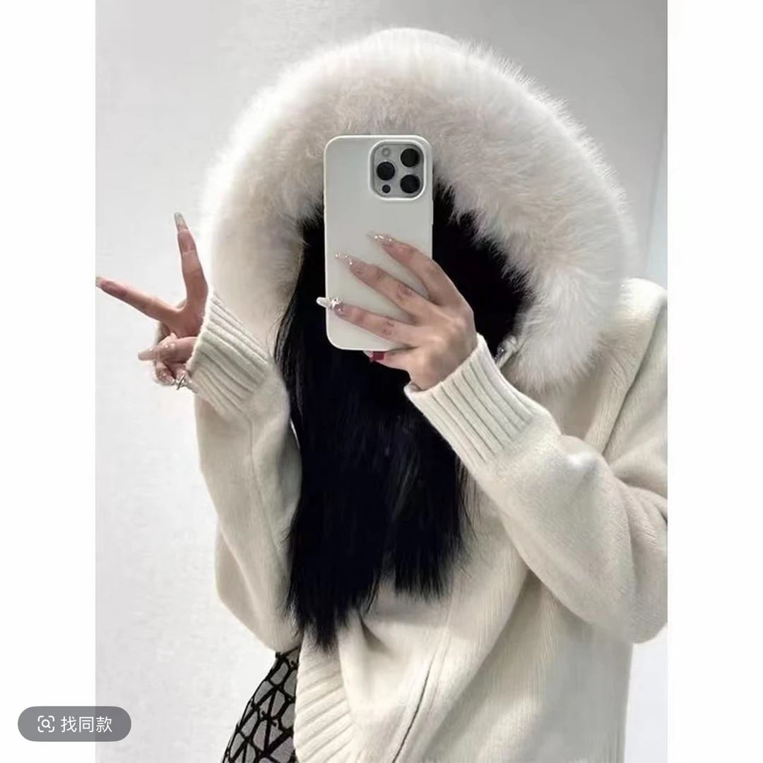 美拉德毛领连帽毛衣外套女2025秋冬新款时尚洋气显瘦针织开衫610