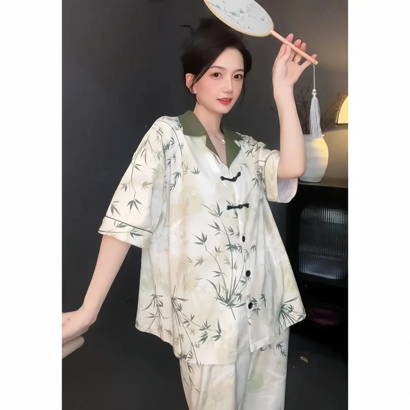 【上春山】新中式盘扣短袖睡衣套装女夏季设计感翻领家居服宽松时尚