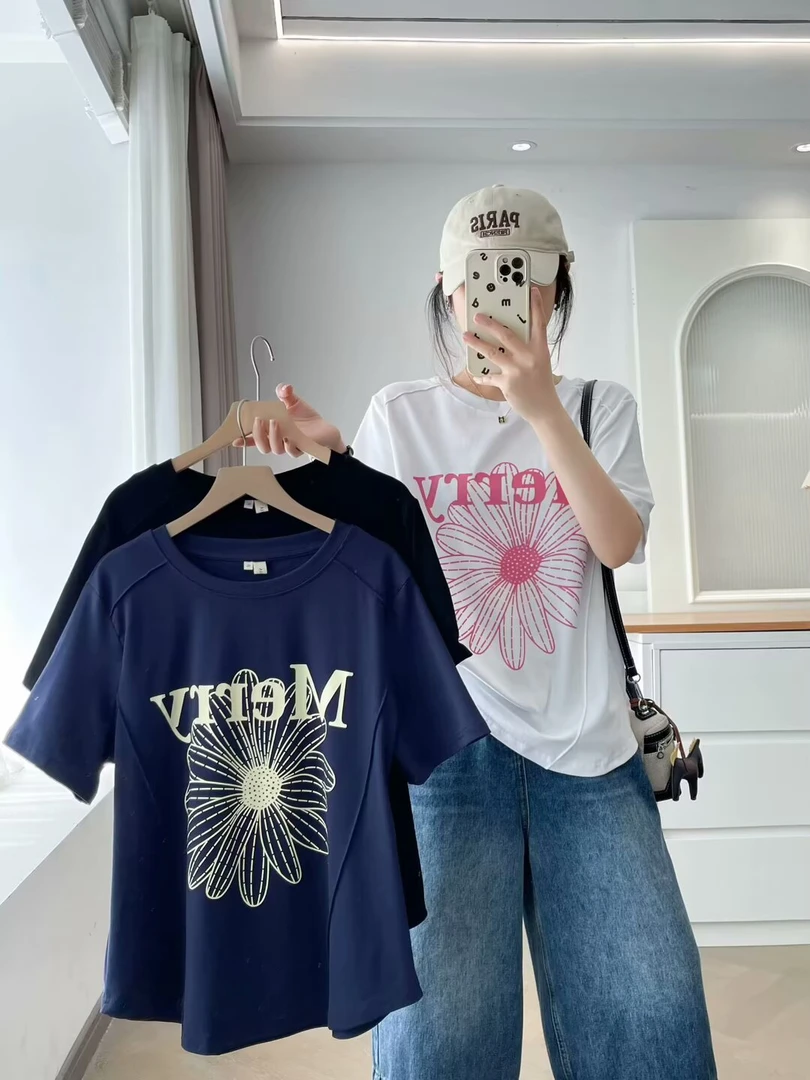 印语芩大码女装夏季新款时尚显瘦设计感宽松圆领印花T恤短袖