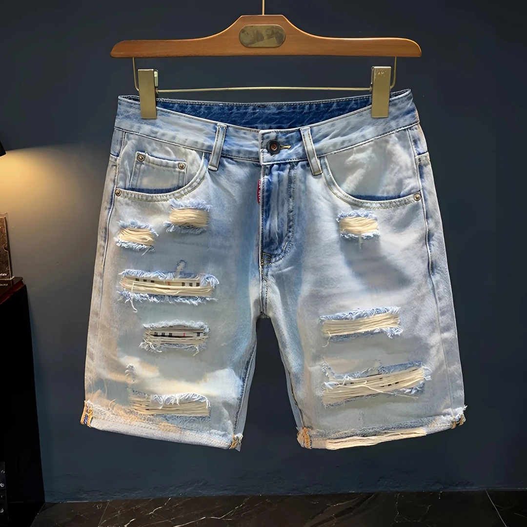 GS破洞五分牛仔裤男士夏季潮牌宽松贴布刮烂裤水洗做旧牛仔短裤男
