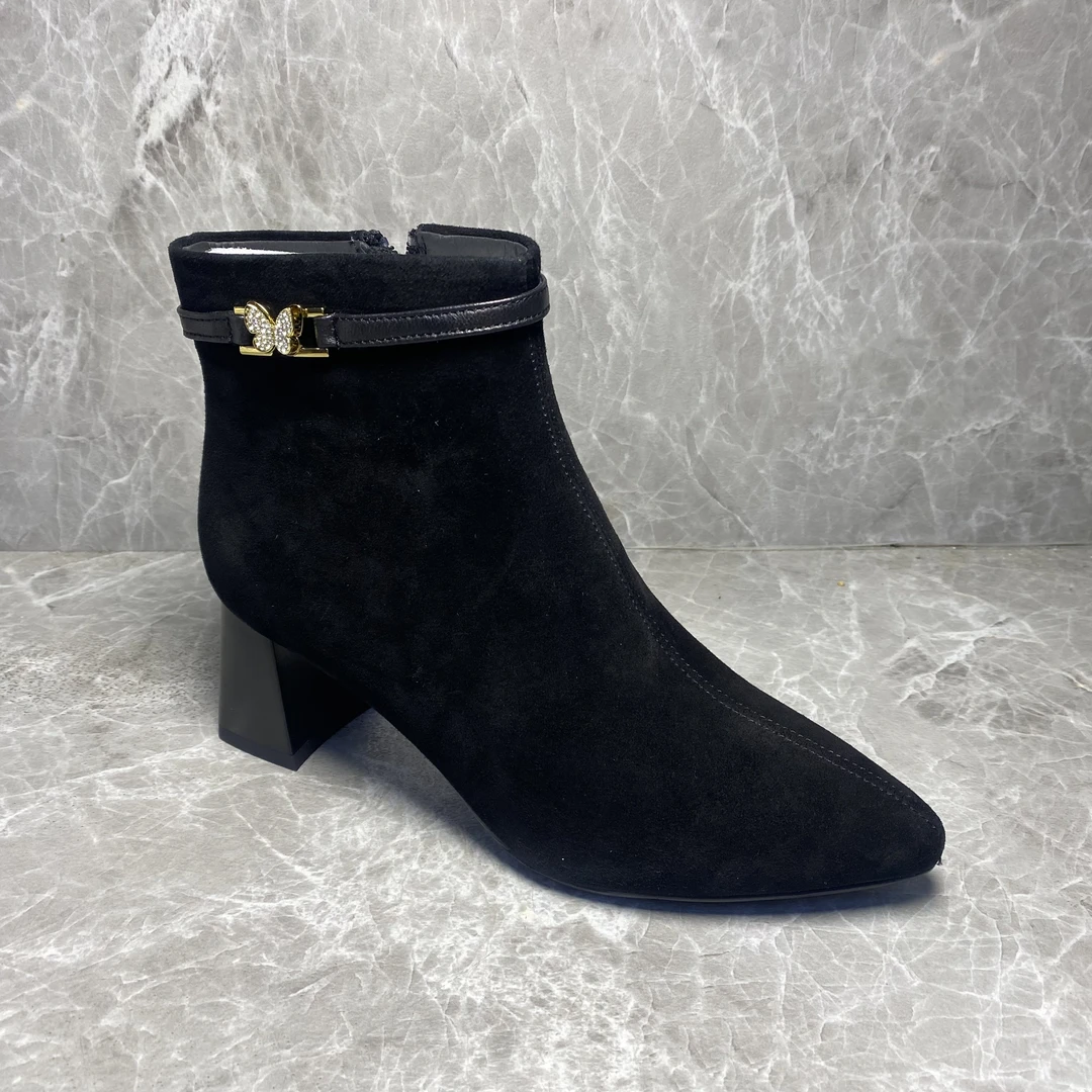 粗跟羊皮加绒短靴24566黑色