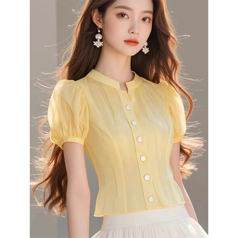 黄色短袖衬衫女2025新款夏季卡腰小衫短款洋气高级感气质雪纺上衣