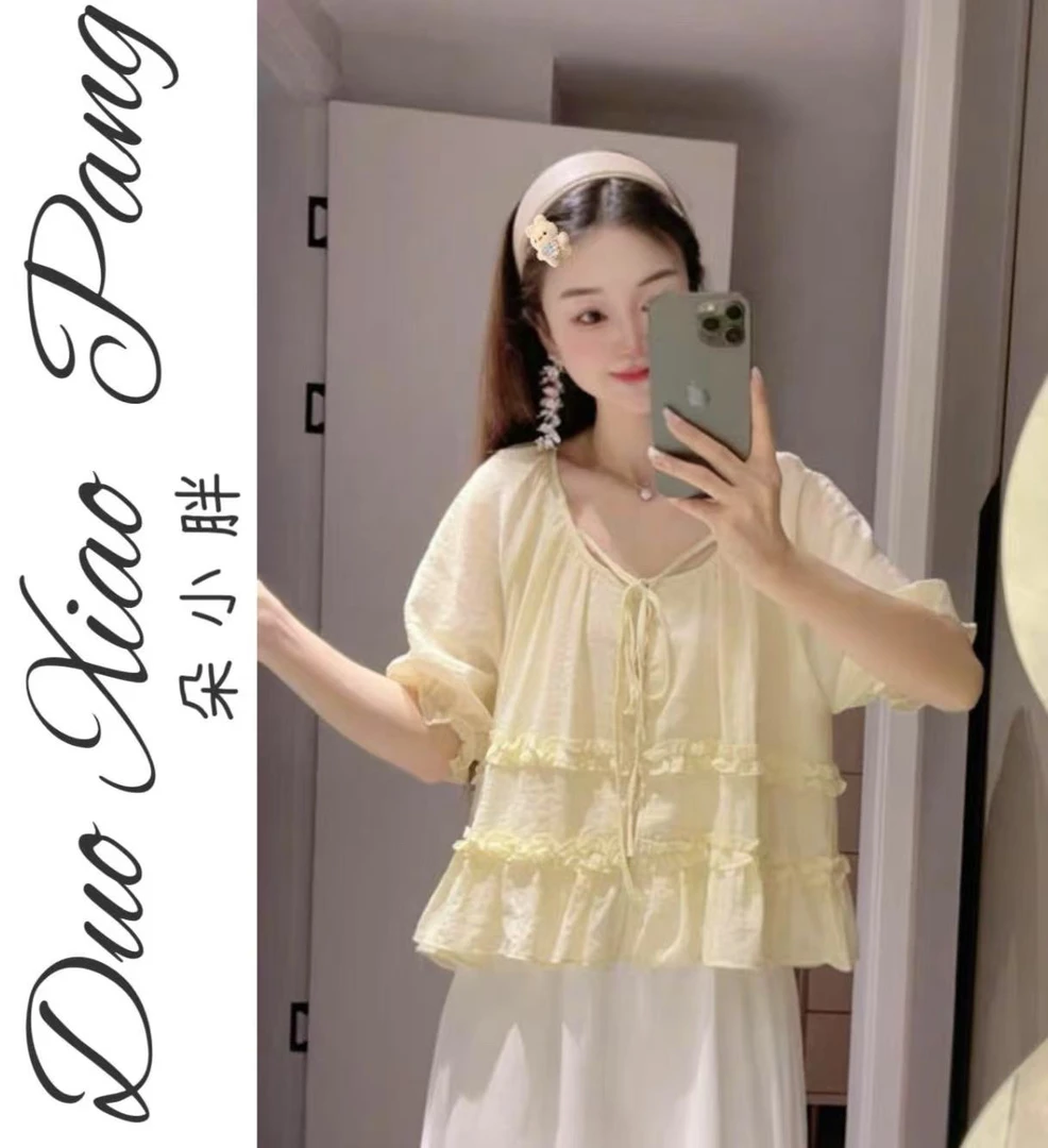 加大加宽夏季法式荷叶边碎花短袖女重工遮肚子上衣99065