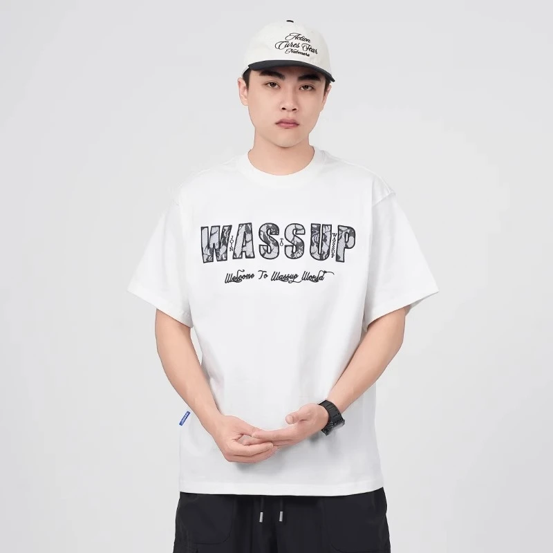 WASSUP男士宽松短袖T恤刺绣网纱字母上衣夏季宽松休闲纯棉情侣装