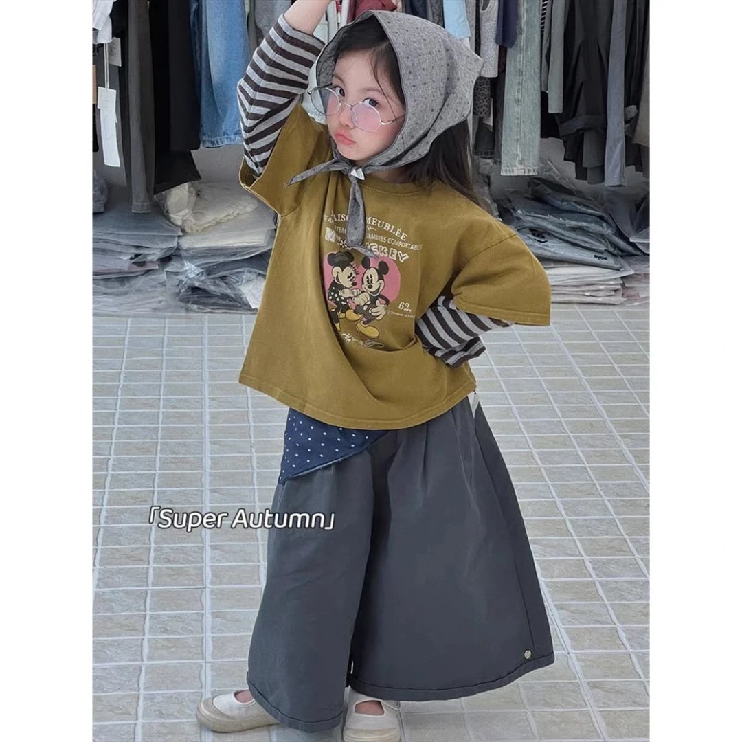 女童秋季新款韩版卡通米奇长袖上衣条纹拼接打底带屁帘休闲裤套装