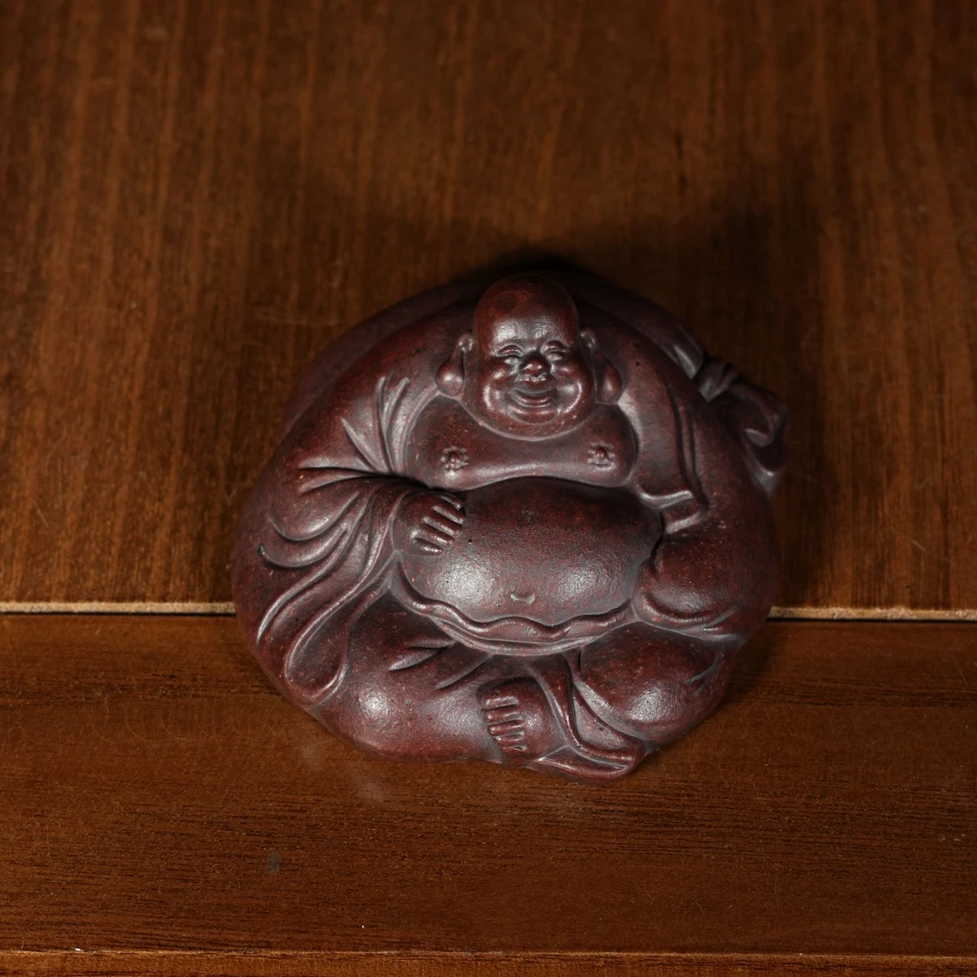 宜兴原矿高温石红雕塑大肚弥勒佛紫砂手工茶宠茶道摆件
