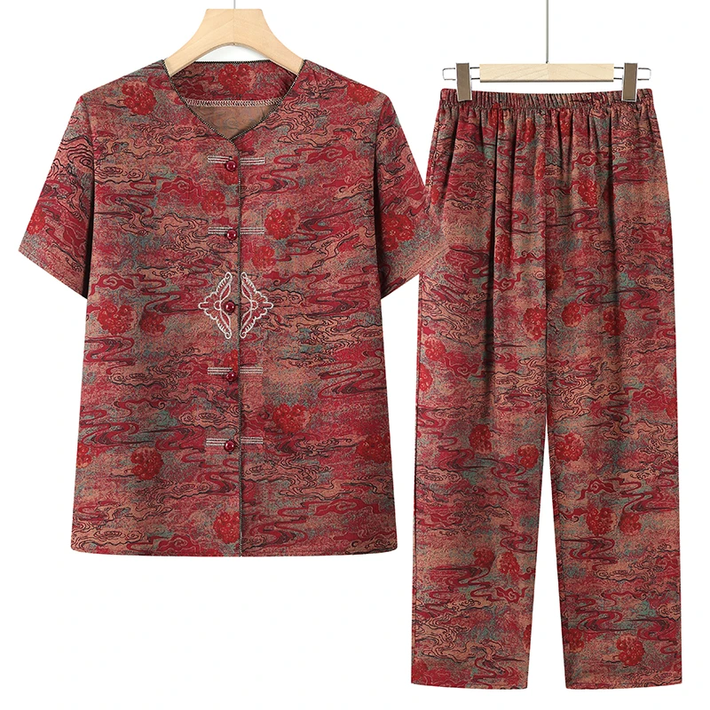 中老年女装夏季短袖棉绸套装大码妈妈装绣花上衣奶奶装薄款两件套