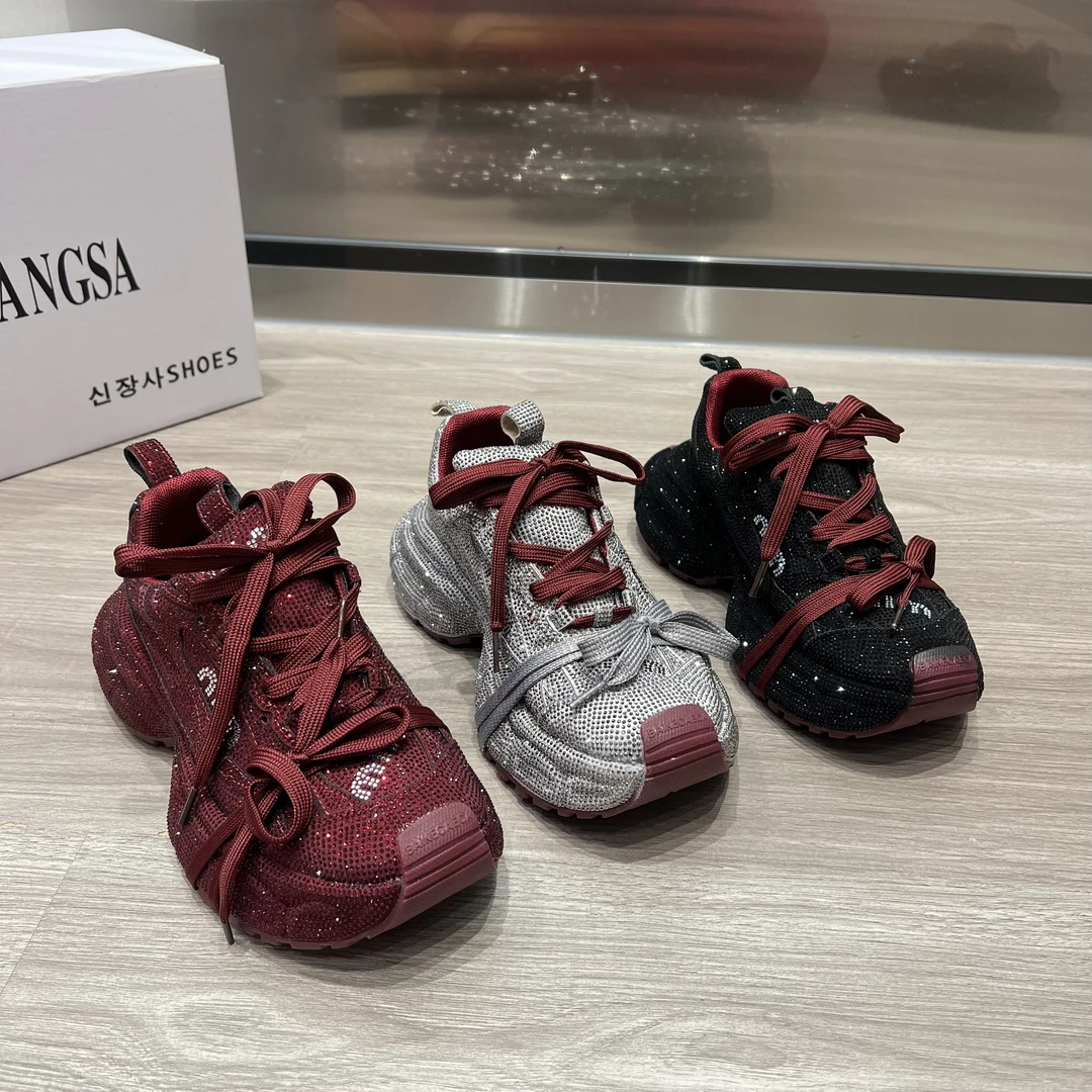 满天星水钻厚底新年红老爹鞋女透气增高超火绑带帅气重工休闲鞋潮