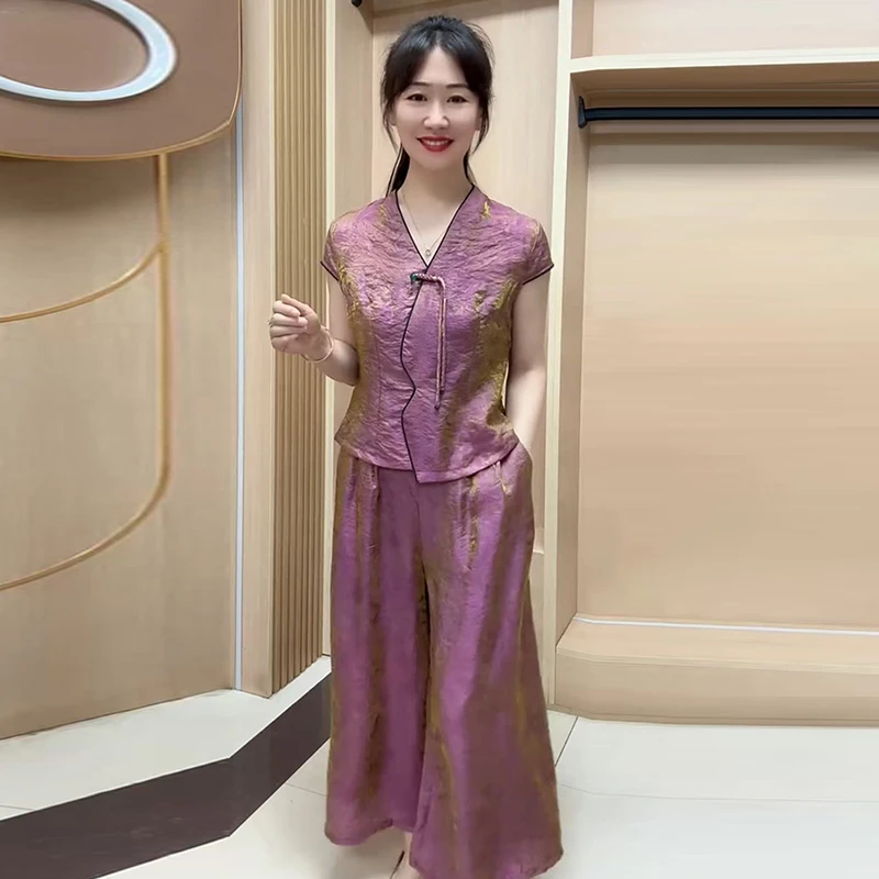 2522夏新款时尚显瘦妈妈减龄短袖上衣中年大码两件套高档大码套装