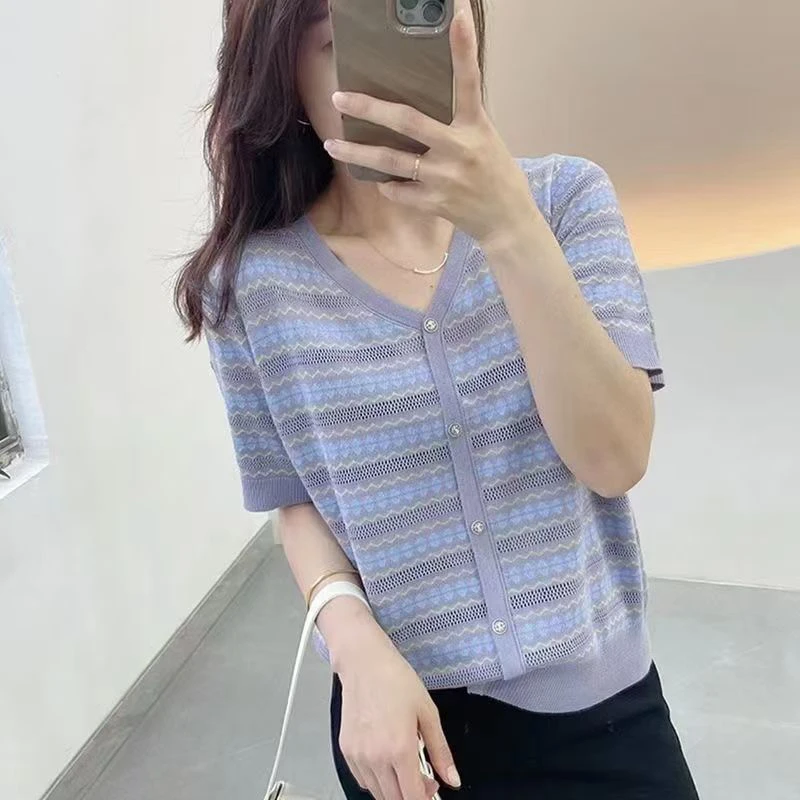 夏季新款短袖针织衫T恤女正肩条纹蓝色洋气宽松显瘦时尚上衣t恤