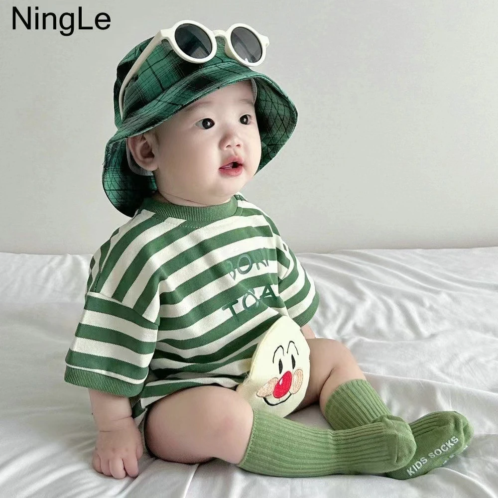 夏季婴幼儿条纹男女宝宝卡通立体笑脸连体衣短袖洋气韩版外出哈衣