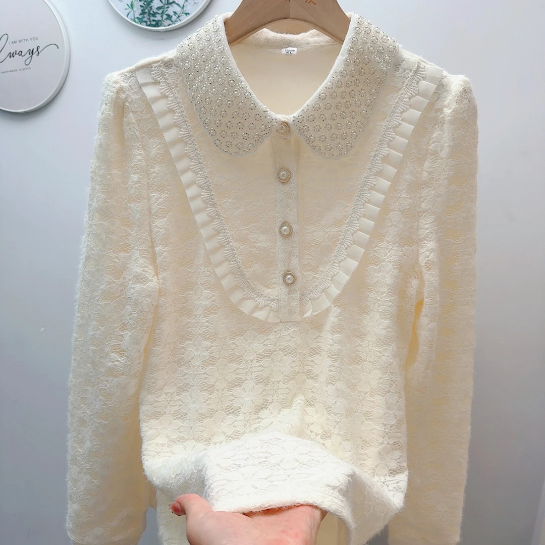 方领长袖订珠蕾丝加绒宽松衬衫女秋冬新款打底遮肉显瘦百搭上衣