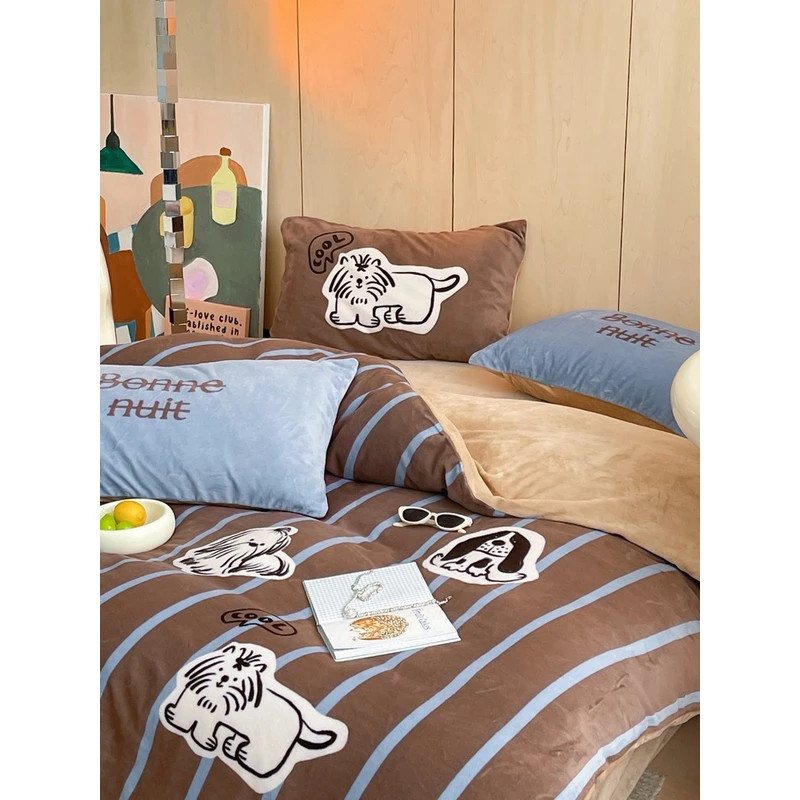 水星高端系列家纺美拉德狗の秋冬少女心牛奶绒保暖四件套可爱卡通