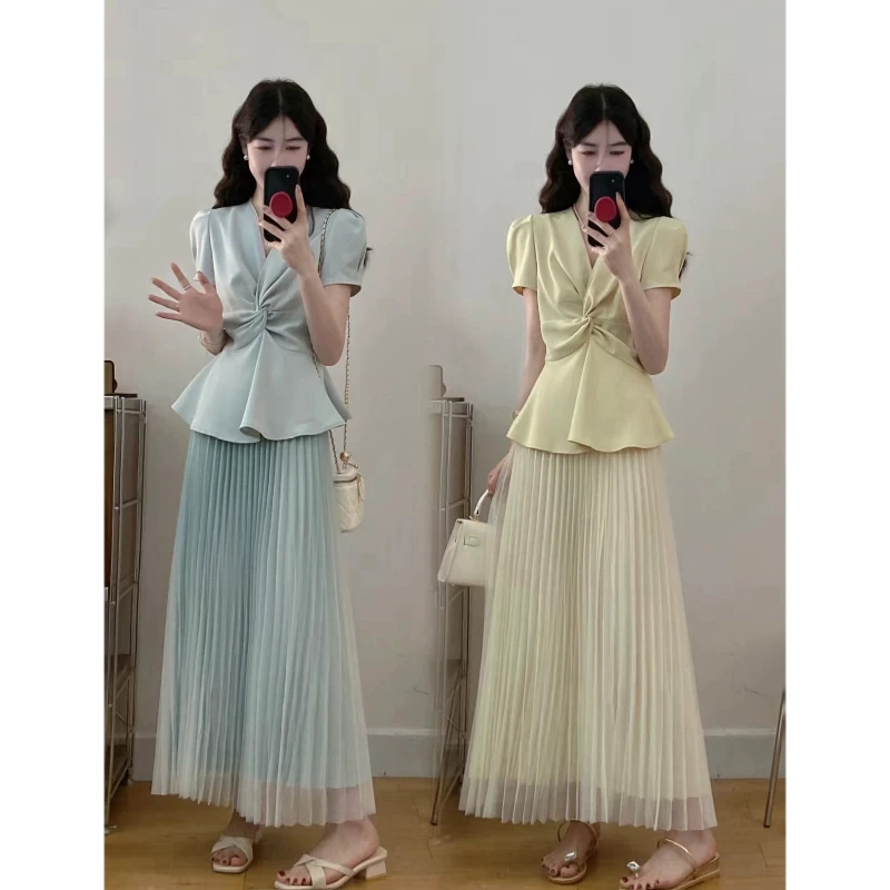 MO88ZSPF大码夏季气质显瘦翻领上衣女神高端长裙气质两件套装裙