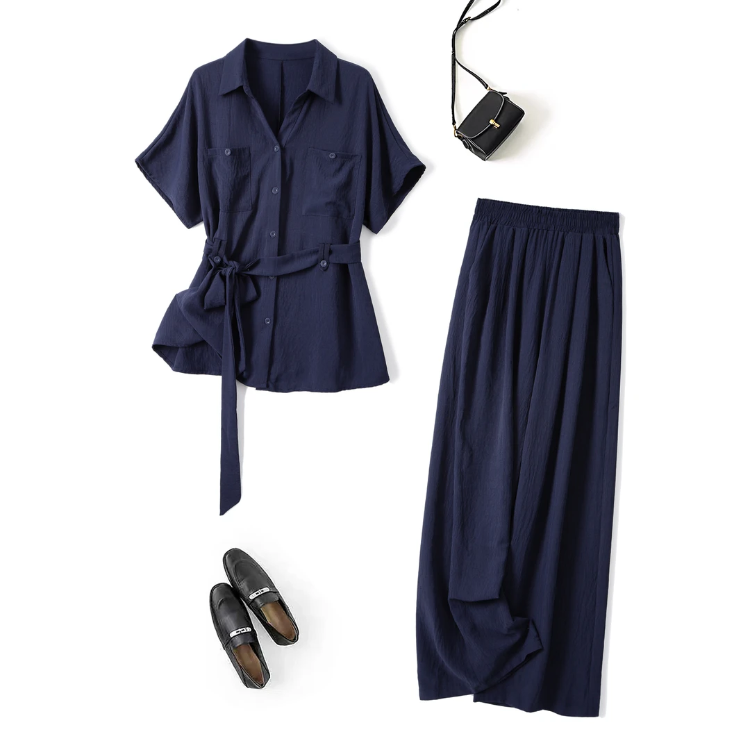 奥·邦奴 大码夏装新款胖mm优雅气质绑带收腰衬衫上衣阔腿裤两件套