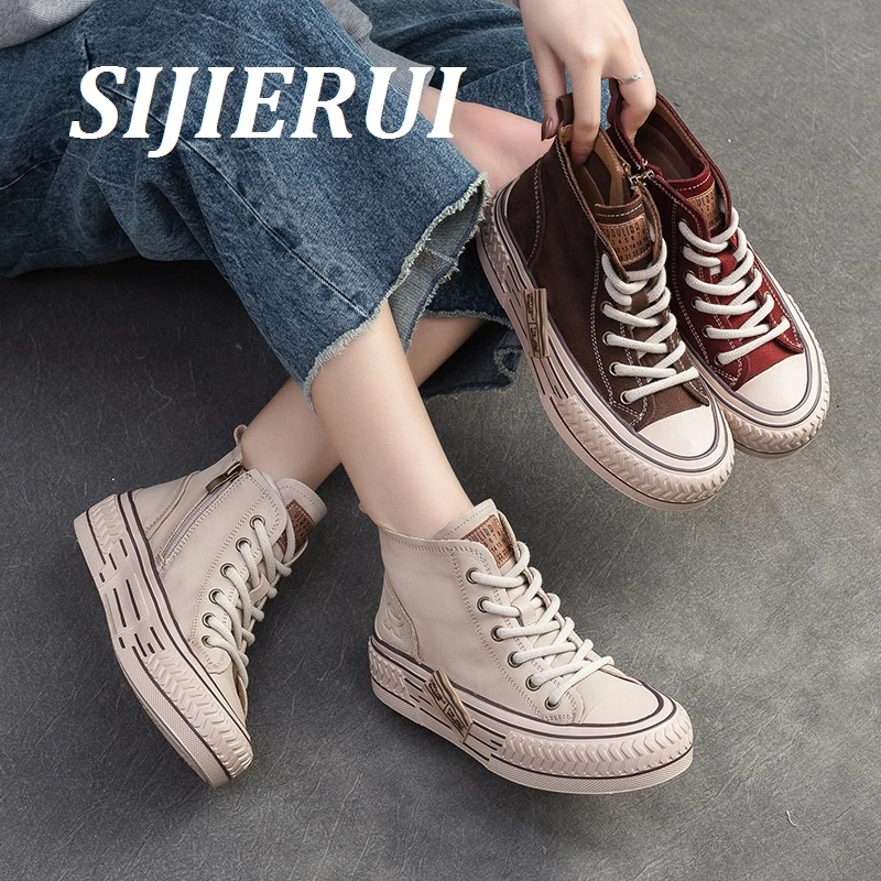 SIJIERUI2025年秋季新款高帮休闲单鞋前系带真皮轻便舒适潮流女鞋