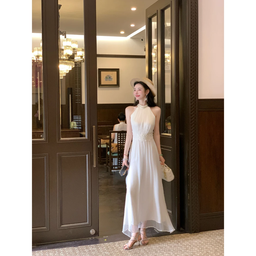 【雅乔定制】浪漫主义 亮丝皱挂脖连衣裙女神大摆长裙DYCC-25018051