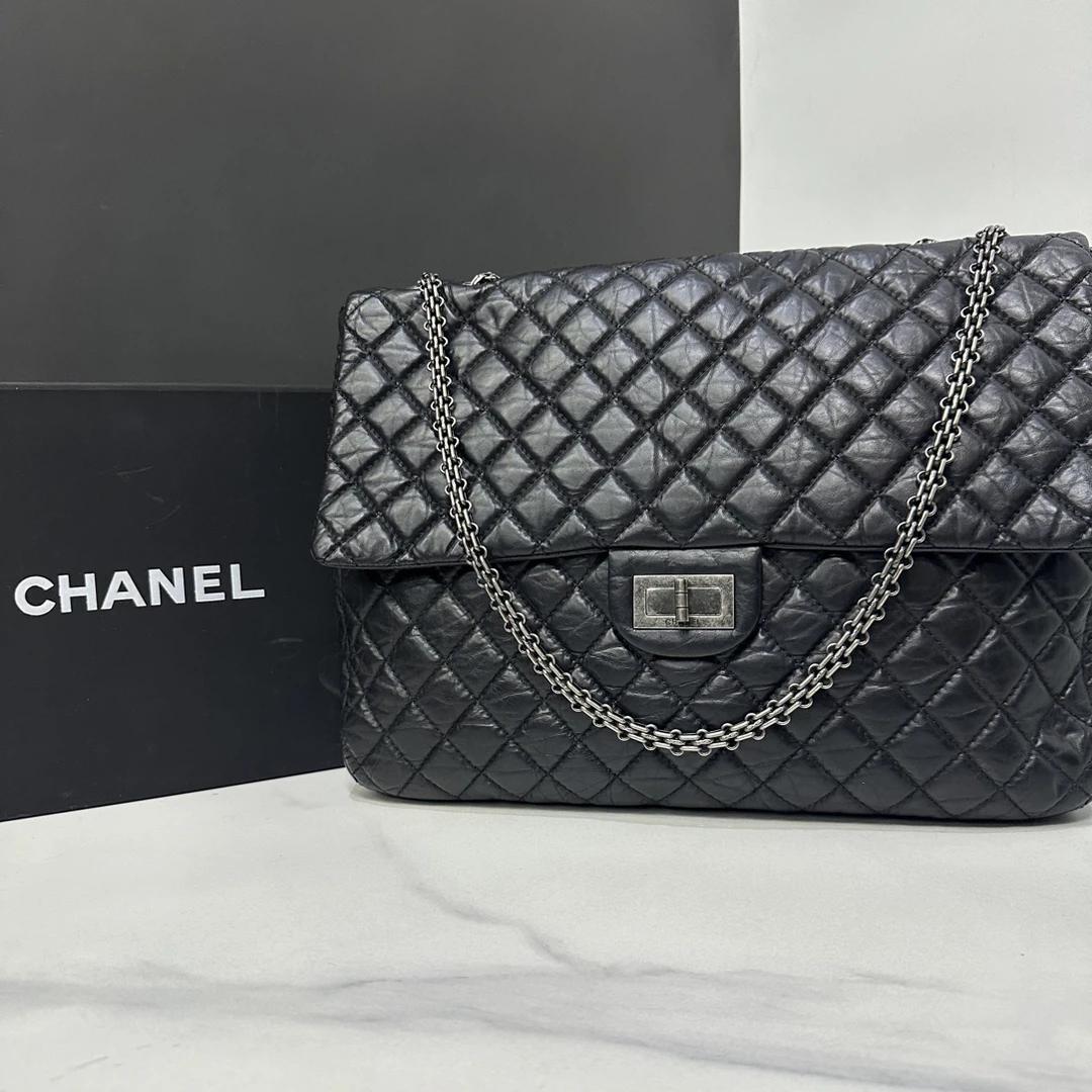 95新 Chanel/香奈儿 黑银2.55菱格机场包14开36cm/JJ5110605