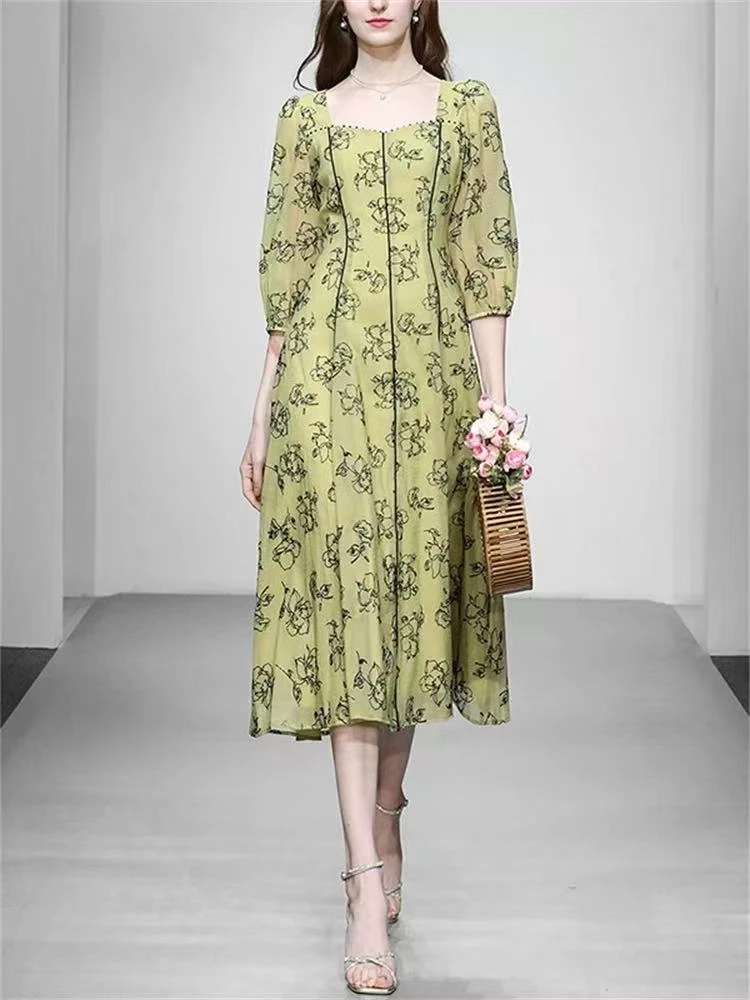 法式中长款显瘦碎花高连衣裙绿色新款长裙短袖气质时尚夏季复古