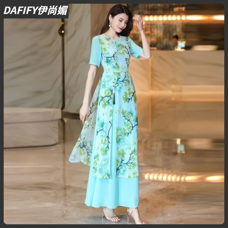 1腰部收腰设计新中式假两件碎花连衣裙女夏季2025高级感气质超长