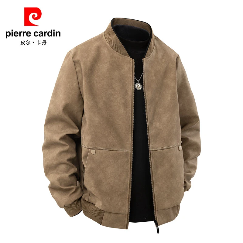 皮尔卡丹男士简约夹克外套2025秋季新款时尚复古潮流棒球领皮衣男