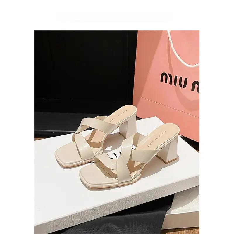 交叉带一脚蹬外穿半拖罗马鞋2025款女夏御姐风配裙子法式高跟凉鞋